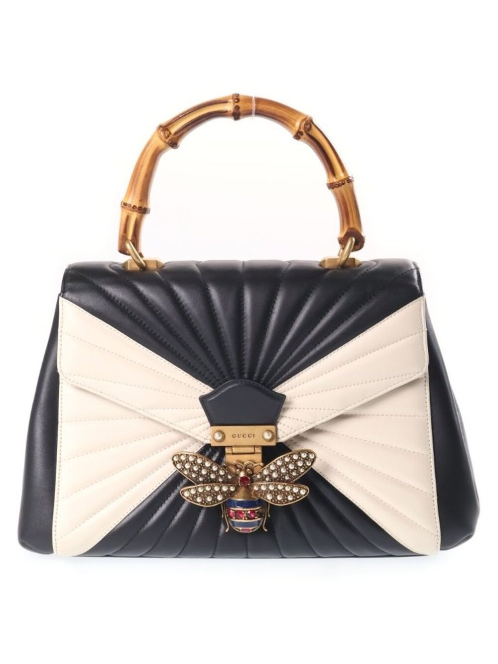 Gucci Queen Margaret Handbag Top Handle Bamboo Leather Black White